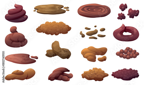 Excrement types. Animal and human poop exact vector cartoon illustration set