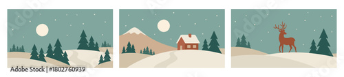 Minimalistic night winter landscape set. Mountains vector art in Scandinavian style. Hand drawn original illustrations for Christmas cards
