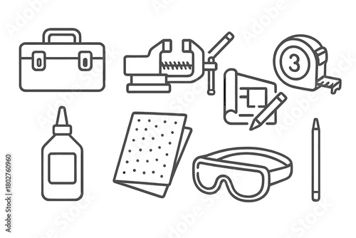 Workshop Icons Collection. Line style icons of Workshop items: toolbox, bench vise, blueprint, tape measure, pencil, wood glue,