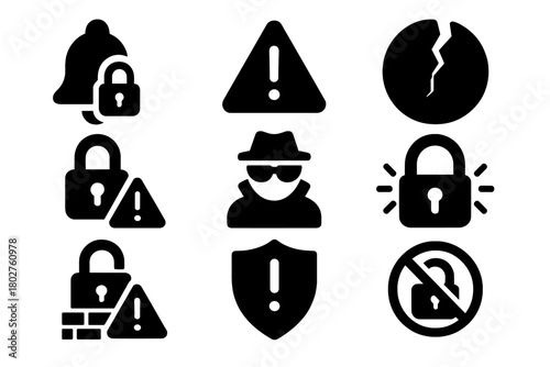 Security Alert Icons. Solid style icons of security alerts: alert bell with lock, warning triangle, breach icon, lock with