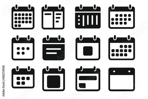 Solid Calendar Icons. Solid style icons of calendar layouts: monthly grid, daily planner, weekly view, yearly calendar, calendar