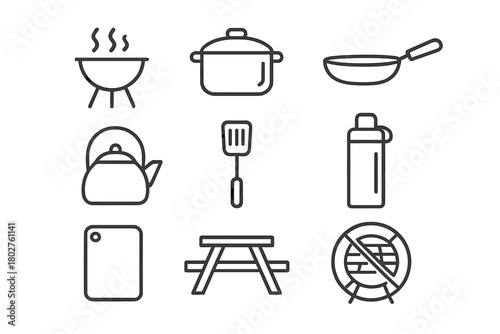Outdoor Cooking Icons. Line style icons of Outdoor cooking: grill, pot, pan, kettle, spatula, thermos, cutting board, picnic table