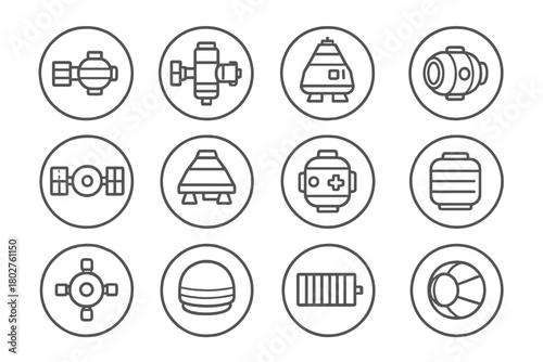 Space Module Icons. Line style round vector icons of Space Modules: Science Module, Living Module, Docking Module, Observation