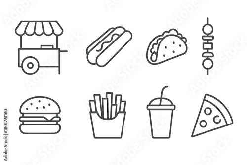 Series of food items including a hot dog, a hamburger, a pizza, a taco