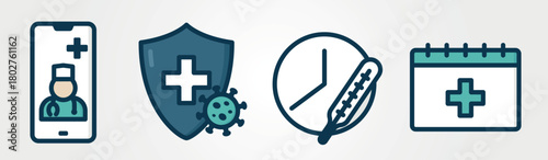 Medical icons. Healthcare, online doctor and health protection symbols. Isolated vector color images. Hand drawn original illustrations.