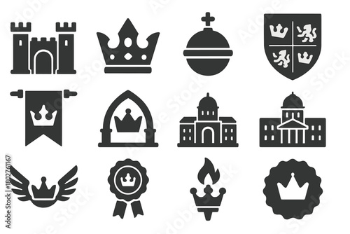 Royalty Icons Collection. Solid style icons of Royalty: castle gate, crown with jewels, royal orb, coat of arms, crown banner,