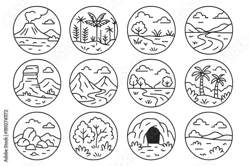Dinosaur Habitat Icons. Line style icons of dinosaur habitats in round shape: volcanic plain, fern forest, swampy terrain, river