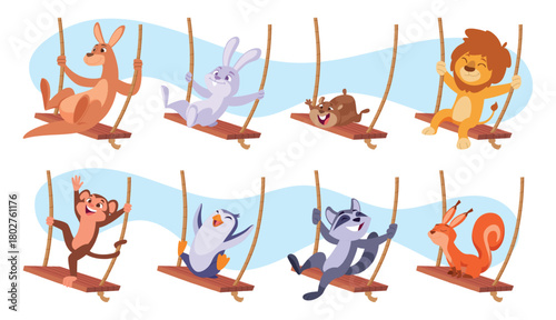 Animals swing. Funny cartoon children animals riding on swing exact vector illustration of animals