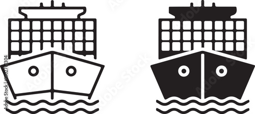 Cargo container ship icon set displaying both outline and solid vector glyphs, symbolizing global maritime transport and logistics industry.