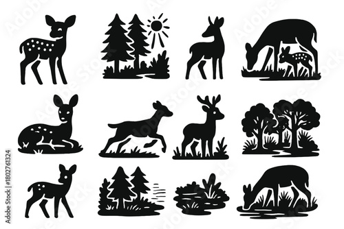 Fawn in Forest. Solid style icons of Yearling: young fawn, spotted coat, forest backdrop, mother doe, grazing pose, resting fawn,