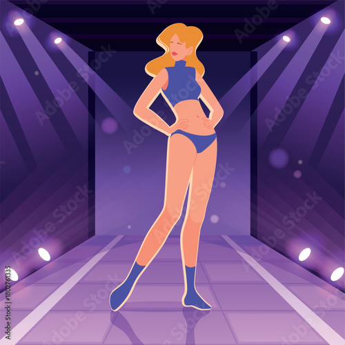 Fashion girl. female character with long legs posing on stage