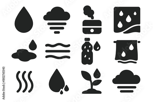 Moisture Icons Collection. Solid style icons of Moisture and humidity: dewdrop, mist cloud, humidifier, condensation, wet surface,
