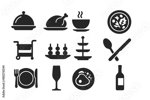 Food Serving Icons. Solid style icons of Food serving: cloche tray, food platter, soup bowl, salad plate, serving cart, appetizer