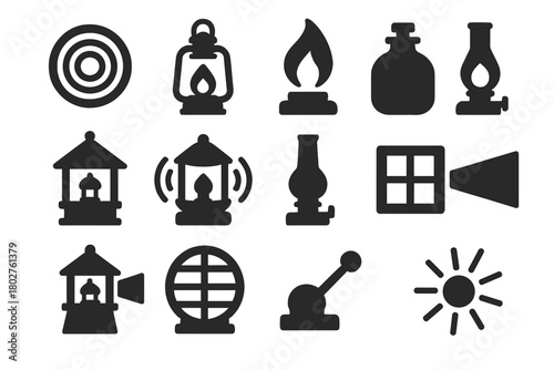 Lighthouse Lamp Icons. Solid style icons of Lighthouse Lamp: Fresnel lens, lit lantern, glowing flame, oil reservoir, lamp housing