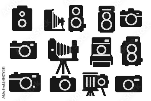 Solid Camera Icons. Solid style icons of Classic Cameras: box camera, folding camera, twin-lens reflex, rangefinder camera,
