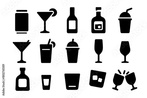 Solid Drink Icons. Solid style icons of Drinks: soda can, cocktail glass, wine bottle, whiskey glass, martini cup, juice glass,