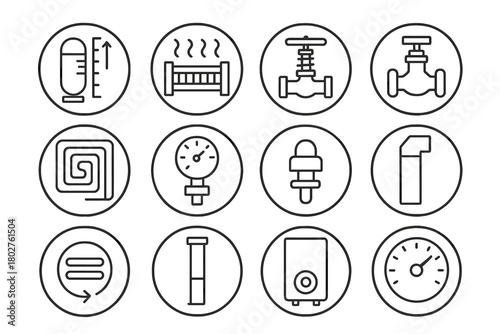 Boiler Component Icons. Line style round vector icons of Boiler Components: Water Level Indicator, Fuel Grate, Heat Pipe,
