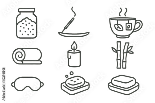 Wellness Line Icons. Line style icons of Wellness: Bath Salt Jar, Incense Stick, Herbal Tea Cup, Towel Roll, Candle, Bamboo Plant,