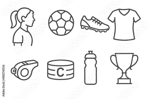 Women's Soccer Icons. Line style icons of Women’s Soccer: Ponytail Player, Ball, Cleats, Jersey, Whistle, Captain Armband, Water