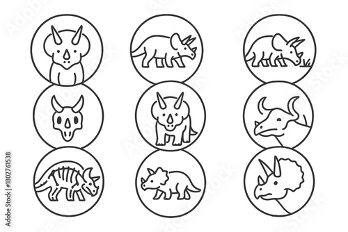 Triceratops Icon Set. Line style icons of steganography in round shape: hidden image, layered message, embedded data, digital