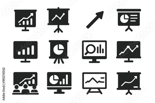 Presentation Icons Collection. Solid style icons of Presentation visuals: projector chart, board with graph, pointer arrow, report