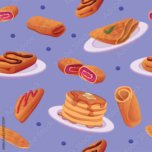 Pancakes. seamless pattern with tasty pancakes on plates. vector background
