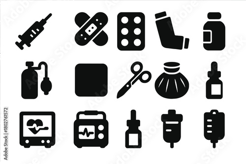 Medical Equipment Icons. Solid style icons of Treatment: syringe, band-aid, pill strip, inhaler, oxygen cylinder, wound dressing,