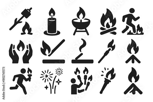 Fire Activity Icons. Solid style icons of Fire activities: roasting marshmallow, lighting candle, grilling, bonfire night, warming