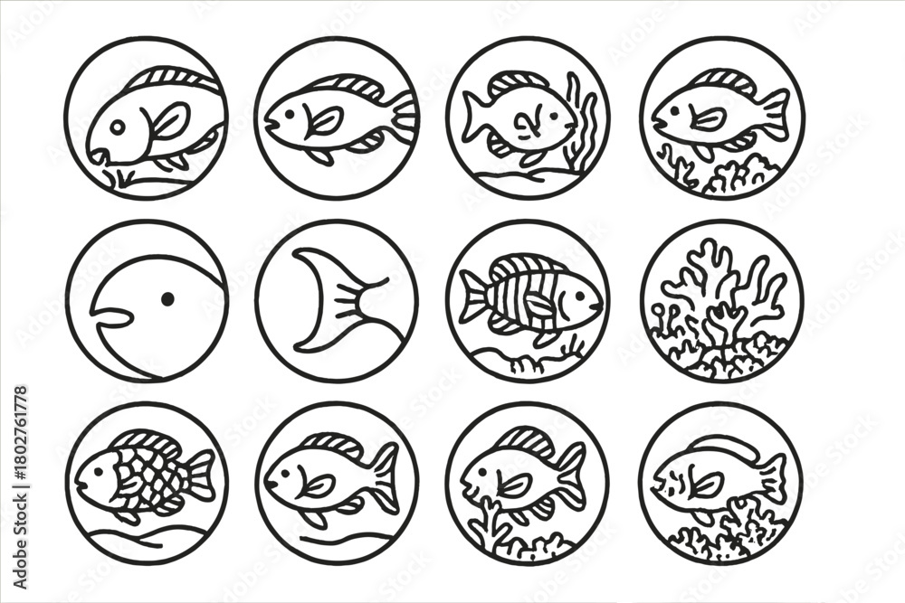 Naklejka premium Parrotfish Line Icons. Line style icons of parrotfish in round shape: grazing parrotfish, side-view parrotfish, parrotfish near