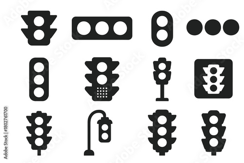 Traffic Light Icons. Solid style icons of traffic lights: vertical traffic light, horizontal signal light, three-light icon, red