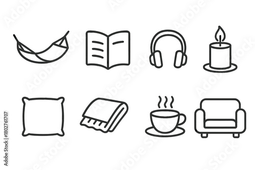 Relaxation Icons. Line style icons of Relaxation: Hammock, Book, Headphones, Candle, Cushion, Blanket, Tea Cup, Sofa, No text, No