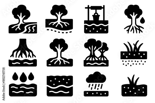 Roots and Water Icons. Solid style icons of Roots and Water: stream near roots, groundwater level, well roots, root absorbing