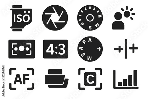 Camera Settings Icons. Solid style icons of camera settings: ISO control, aperture value, shutter speed dial, white balance icon,