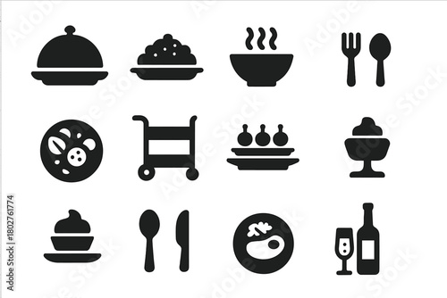 Food Serving Icons. Solid style icons of Food serving: cloche tray, food platter, soup bowl, salad plate, serving cart, appetizer