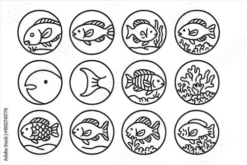 Parrotfish Line Icons. Line style icons of parrotfish in round shape: grazing parrotfish, side-view parrotfish, parrotfish near