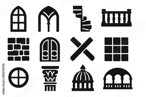 Library Architecture Icons. Solid style icons of Library Architecture: tall arched window, vaulted ceiling, spiral staircase,