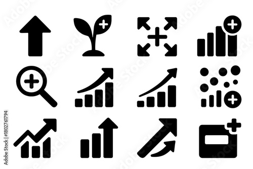 Expanding Success Icons. Solid style icons of increasing and expanding: up arrow with plus, grow icon, expand section, add chart