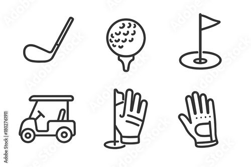 Golf Icons Collection. Line style icons of Golf: Golf Club, Golf Ball, Tee, Hole, Golf Cart, Flagstick, Glove, Scorecard, No text,