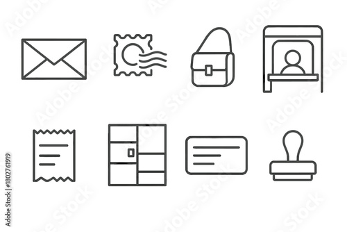 Postal Service Icons. Line style icons of Postal Service: Letter, Postmark, Satchel, Counter Window, Receipt, Parcel Locker,