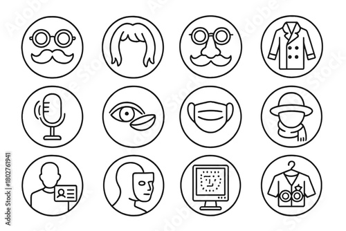 Line Style Disguises Icons. Line style icons of disguises in round shape: mustache and glasses, wig, fake nose, trench coat; voice