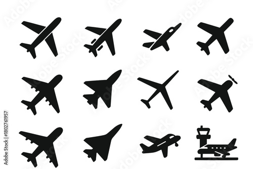 Aircraft Icon Collection. Solid style icons of airplanes and aircraft: commercial airplane, passenger jet, private jet, biplane