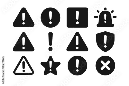 Warning Symbols Icons. Solid style icons of Warning symbols: triangle with exclamation mark, circular warning, square alert,