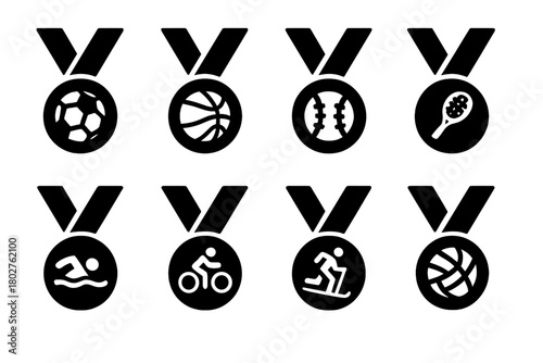 Sports Medal Icons. Solid style icons of Sports medals: football medal, basketball medal, baseball medal, tennis racket medal,