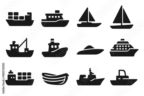 Solid Ship Icons. Solid style icons of ships and boats: cargo ship, passenger ferry, motorboat, sailboat icon, fishing boat,