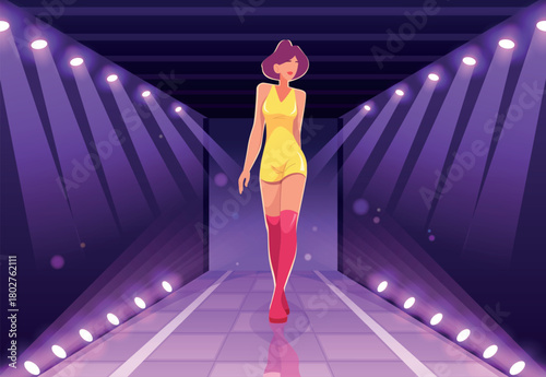 Fashion show. Beauty fashioned women presents new modern clothes walking on podium exact vector background