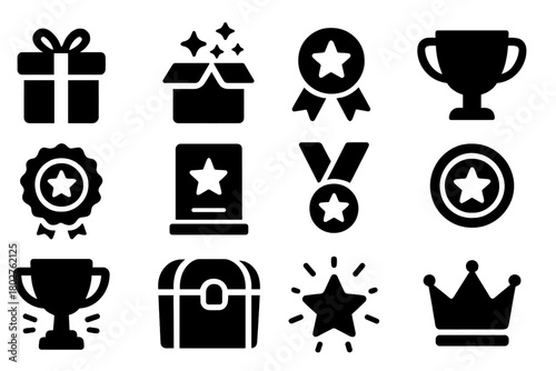 Prize Icons Collection. Solid style icons of Prizes: wrapped gift, sparkling box, ribbon prize, golden cup, star badge, honor