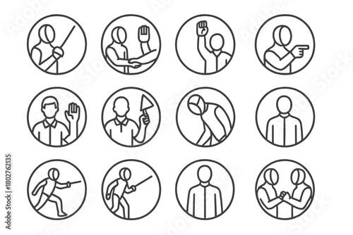 Fencing Gesture Icons. Line style icons of fencing gestures in round shape: salute with blade, handshake after bout, hand raised