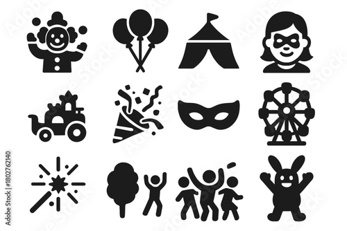 Festival Icons Collection. Solid style icons of Festival Fun: clown juggling, balloon bunch, carnival tent, parade float, confetti