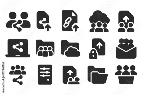 Collaborative Sharing Icons. Solid style icons of share and collaboration: people with share icon, upload with link, group file