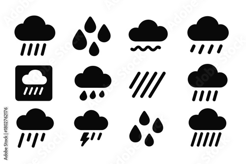 Rain and Cloud Icons. Solid style icons of rain and precipitation: heavy rain cloud, drizzle icon, rain drops, cloud with falling